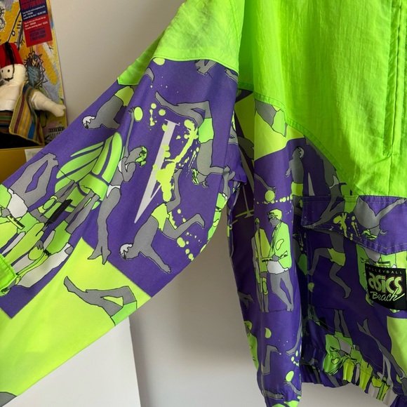 80s Vintage Asics Volleyball Retro Windbreaker Neon Green Purple Large - Picture 9 of 14